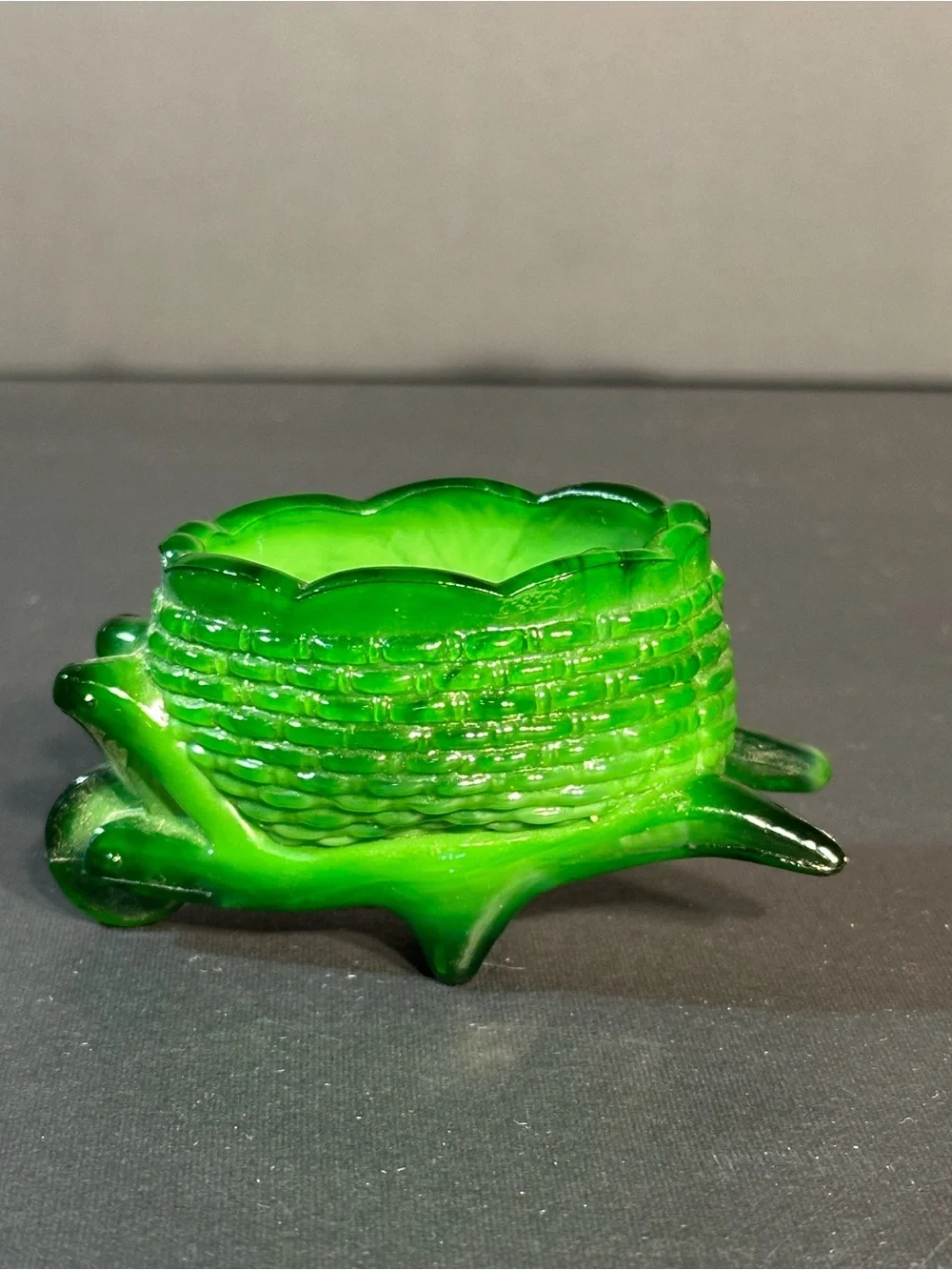Vintage Joe St. Clair Glass Dark Green Wheelbarrow Toothpick Holder Salt Dips